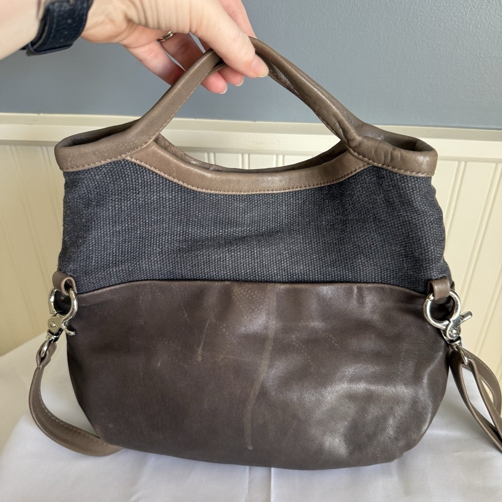 Daniella Lehavi Leather Canvas Top Handle Fold Crossbody Bag Purse Gray Brown